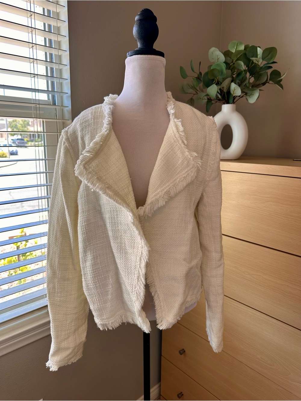 Cream Frayed Open-Front Tweed Blazer